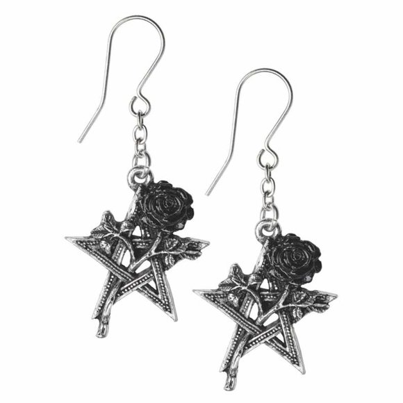 Alchemy Gothic Pentagram Black Rose Hook Earrings - Picture 1 of 4